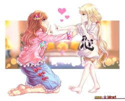 Rule 34 | 2girls, :3, absurdres, barefoot, beads, blonde hair, blouse, bow, character name, clothes writing, commentary request, from side, futaba anzu, hair ornament, hair tie, highres, idolmaster, idolmaster cinderella girls, kneehighs, koi dance, long hair, low twintails, moroboshi kirari, multicolored polka dots, multiple girls, no shoes, pink shirt, polka dot, polka dot legwear, profile, red bow, shashaki, shirt, socks, standing, star (symbol), star hair ornament, sweatdrop, t-shirt, twintails, very long hair, white shirt, yellow eyes