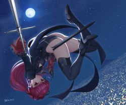 Rule 34 | 1girl, absurdres, arched back, artist name, ass, belly chain, black footwear, black jacket, black leotard, black thighhighs, bow, breasts, flying, frilled sleeves, frills, full moon, gloves, hair bow, high heels, highres, holding, holding mask, jacket, jewelry, leotard, long hair, long sleeves, looking at viewer, mask, medium breasts, moon, night, open clothes, open jacket, outdoors, parted lips, persona, persona 5, persona 5 the royal, ponytail, red eyes, red gloves, red hair, sheath, shoes, sky, smile, solo, star (sky), starry sky, sword, thighhighs, thighs, weapon, yanows, yoshizawa kasumi