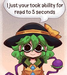 Rule 34 | 1girl, black hat, brown background, buttons, closed mouth, collared shirt, commentary, diamond button, elemenopii, english commentary, english text, engrish text, eyeball, frilled shirt collar, frills, green hair, hair between eyes, hat, komeiji koishi, looking at viewer, medium hair, ranguage, shirt, simple background, smile, solo, speech bubble, straight-on, third eye, touhou, upper body, yellow shirt