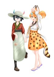 Rule 34 | absurdres, animal ears, armpits, balloon, black eyes, black hair, black legwear, blonde hair, cat ears, collarbone, detached sleeves, hat, hat feather, highres, holding hands, japanese clothes, kaban (kemono friends), kemono friends, kimono, loafers, mouse (animal), ponytail, sandals, scrunchie, serval (kemono friends), serval print, serval tail, shoes, simple background, smile, tail, toy, yakko picture