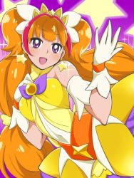 Rule 34 | 1girl, :d, amanogawa kirara, bare shoulders, blush, brown hair, choker, cure twinkle, earrings, gloves, go! princess precure, highres, jewelry, long hair, looking at viewer, magical girl, multicolored hair, open mouth, precure, purple background, purple eyes, red hair, smile, solo, star (symbol), star earrings, sumemako, twintails, two-tone hair, very long hair, white gloves