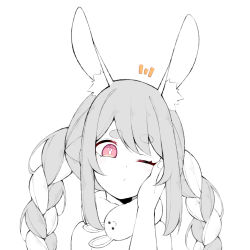 Rule 34 | 1girl, animal ears, braid, closed mouth, commentary, don-chan (usada pekora), dot mouth, english commentary, greyscale, hand on own cheek, hand on own face, highres, hikimayu, hololive, looking at viewer, monochrome, multicolored hair, one eye closed, pov, pov hands, rabbit-shaped pupils, rabbit ears, red eyes, simple background, solo focus, spot color, symbol-shaped pupils, twin braids, unexistarts, usada pekora, usada pekora (1st costume), virtual youtuber, white background