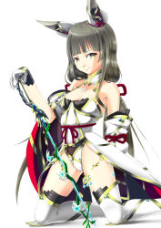 Rule 34 | 1girl, animal ears, blunt bangs, breasts, catalyst scimitar, chest jewel, detached sleeves, feet out of frame, gloves, highleg, highleg leotard, highres, leotard, long hair, looking at viewer, low twintails, magicalbroom, nia (blade) (xenoblade), nia (xenoblade), silver hair, simple background, small breasts, solo, spoilers, sword, thighhighs, twintails, very long hair, weapon, white background, white gloves, xenoblade chronicles (series), xenoblade chronicles 2, yellow eyes
