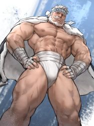 Rule 34 | 1boy, abs, bara, beard, body hair, bulge, dopey (dopq), facial hair, fundoshi, granblue fantasy, highres, japanese clothes, large pectorals, looking at viewer, male focus, male underwear, manly, muscular, mustache, nipples, pectorals, scar, simple background, solo, soriz, thick thighs, thighs, topless male, underwear, white male underwear