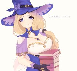 Rule 34 | absurdres, black gloves, book, breasts, ciarre, cleavage, cosplay, fire emblem, fire emblem: three houses, genshin impact, gloves, hat, highres, holding, holding book, jewelry, large breasts, lisa (genshin impact), lisa (genshin impact) (cosplay), mercedes von martritz, nintendo, pendant, purple hat, smile, solo, twitter username, upper body, witch hat