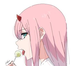 Rule 34 | 10s, 1girl, candy, darling in the franxx, eyebrows, eyeliner, eyeshadow, fingernails, food, green eyes, hair between eyes, hairband, holding, holding candy, holding food, horns, lollipop, long fingernails, long hair, looking at viewer, makeup, nail polish, nose, open mouth, pink hair, pink nails, portrait, profile, saliva, saliva trail, sideways glance, signature, simple background, solo, teeth, tongue, tongue out, upper teeth only, white background, white hairband, xiangxian (sangheon23), zero two (darling in the franxx)