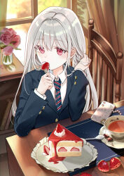 Rule 34 | 1girl, blue necktie, cake, cake slice, cellphone, chair, collared shirt, commentary request, cup, curtains, day, diagonal-striped clothes, diagonal-striped necktie, flower, food, fork, fruit, grey hair, hair between eyes, hands up, highres, holding, holding fork, indoors, iren lovel, long sleeves, looking at viewer, necktie, on chair, original, phone, red eyes, red flower, red rose, revision, rose, saucer, school uniform, shirt, solo, spoon, strawberry, striped clothes, teacup, upper body, white shirt, window