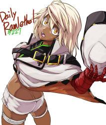Rule 34 | 1girl, arc system works, ass, breasts, butt crack, dark-skinned female, dark skin, female focus, from above, from behind, gloves, govsoyn, guilty gear, guilty gear strive, guilty gear xrd, hat, unworn hat, unworn headwear, long hair, looking at viewer, looking back, looking up, open mouth, orange eyes, platinum blonde hair, ramlethal valentine, short shorts, shorts, solo
