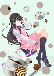 Rule 34 | 1girl, absurdres, apron, black hair, black socks, blue skirt, character request, chocolate, commentary request, copyright request, flower, full body, hair flower, hair ornament, highres, ice, kneehighs, long hair, long sleeves, looking at viewer, okaki wtvc3785, pink apron, pleated skirt, red flower, school uniform, shirt, skirt, smile, socks, solo, tagme, valentine, white shirt, yellow eyes