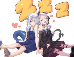 Rule 34 | 2girls, animal ear fluff, animal ears, bare arms, bare shoulders, black dress, blue dress, blue hair, cat ears, cat girl, cat tail, closed eyes, closed mouth, commentary, detached collar, dress, drooling, fins, fish tail, frilled dress, frills, gawr gura, gawr gura (casual), halterneck, heart, highres, holding hands, hololive, hololive english, kyahagood, light purple hair, long hair, long sleeves, medium hair, multicolored hair, multiple girls, murasaki shion, murasaki shion (gothic lolita), off-shoulder dress, off shoulder, open mouth, pantyhose, petticoat, pinafore dress, pink legwear, shark tail, shirt, simple background, sitting, sleeping, sleeveless, sleeveless dress, sleeveless shirt, streaked hair, tail, virtual youtuber, white background, white hair, white shirt, zzz