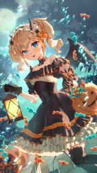 Rule 34 | 1girl, absurdres, barbara (genshin impact), black gloves, blonde hair, blue eyes, genshin impact, gloves, halloween, harushio, highres, looking at viewer, puffy sleeves, smile, solo, twintails