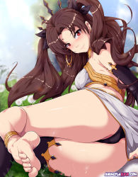 Rule 34 | 1girl, ahoge, animeflux, anklet, ass, asymmetrical legwear, black panties, black sleeves, black thighhighs, blush, breasts, brown hair, cameltoe, commentary, detached sleeves, earrings, english commentary, fate/grand order, fate (series), feet, hair ribbon, hairband, head tilt, hoop earrings, ishtar (fate), jewelry, long hair, looking at viewer, lying, nose blush, on side, panties, pantyshot, red eyes, ribbon, single detached sleeve, single sleeve, single thighhigh, small breasts, soles, solo, source request, spiked hairband, spikes, sweat, thighhighs, thighs, toes, two side up, underwear, uneven legwear, upskirt