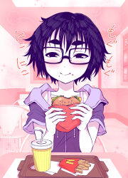 1girl absurdres bag black-framed_eyewear black_eyes black_hair blush burger commentary drawstring dress fast_food food food_on_face food_wrapper french_fries glasses hair_between_eyes handbag highres holding holding_burger holding_food hood hood_down hoodie jimiko looking_at_viewer original pink_dress purple_hoodie short_dress short_hair smile solo tatsubon translated