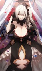 Rule 34 | 1girl, bare shoulders, black dress, black gloves, breasts, cleavage, collarbone, curtains, dark persona, detached collar, dress, fate/grand order, fate (series), flower, gloves, hair ornament, half gloves, highres, large breasts, long hair, looking at viewer, marie antoinette (alter) (fate), marie antoinette (fate), no-kan, off-shoulder dress, off shoulder, pale skin, rose, side ponytail, silver hair, smile, very long hair, yellow eyes