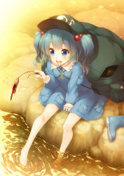 Rule 34 | 1girl, backpack, bad id, bad pixiv id, bag, barefoot, between legs, blue coat, blue eyes, blue footwear, blue hair, blue skirt, blush, boots, unworn boots, bug, cabbie hat, cattail, coat, collar, dragonfly, explosive, feet, frilled collar, frilled shirt collar, frills, grenade, hair bobbles, hair ornament, hand between legs, hat, insect, kappa (cooper3w), kawashiro nitori, key, matching hair/eyes, no socks, open mouth, plant, ripples, rock, round teeth, rubber boots, sitting, sitting on rock, skirt, soaking feet, solo, stream, sunlight, teeth, tongue, touhou, two side up, water