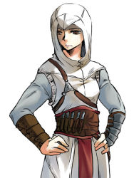 Rule 34 | 1girl, altair ibn la-ahad, assassin&#039;s creed, assassin&#039;s creed (series), bad id, bad pixiv id, brown eyes, female focus, genderswap, genderswap (mtf), hands on own hips, hood, image sample, md5 mismatch, pixiv sample, serious, simple background, solo, tatsuri (forest penguin)