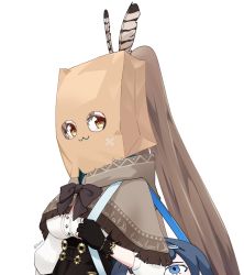 Rule 34 | 1girl, :3, ahoge, bag, bag over head, brown capelet, brown cloak, brown corset, brown eyes, brown hair, capelet, cleavage cutout, cloak, clothing cutout, corset, feather hair ornament, feathers, gloves, hair ornament, hairclip, handbag, hieroglyphics, hololive, hololive english, long hair, looking at viewer, mildtaste, multicolored hair, nanashi mumei, objectification, ouro kronii, partially fingerless gloves, ponytail, ribbon, shirt, shoulder strap, smile, streaked hair, very long hair, virtual youtuber, white shirt, yukkronii (ouro kronii), yukkuri shiteitte ne