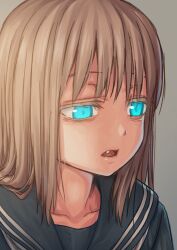 Rule 34 | 1girl, blue eyes, broiler, close-up, collarbone, expressionless, fang, grey background, half-closed eyes, highres, light brown hair, long hair, looking to the side, open mouth, original, sailor collar, school uniform, serafuku, simple background, solo, upper body
