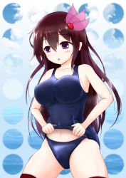 Rule 34 | 1girl, absurdres, blue background, brown hair, chestnut mouth, commentary request, hair ornament, highres, kantai collection, kisaragi (kancolle), kisaragi mizuto, long hair, purple eyes, red neckwear, ribbon, school swimsuit, school swimsuit flap, solo, standing, swimsuit, thighhighs, wet, wet clothes, wet swimsuit