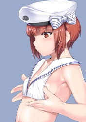Rule 34 | &gt;:(, 10s, 1girl, armpits, bikini, breast conscious, breasts, brown eyes, brown hair, collarbone, from side, frown, hat, kantai collection, lips, looking down, mr.lostman, profile, sailor bikini, sailor collar, sailor hat, serious, short hair, sideboob, small breasts, solo, swimsuit, upper body, v-shaped eyebrows, white bikini, white hat, z3 max schultz (kancolle)