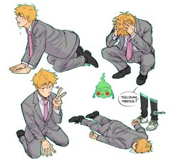 Rule 34 | 2boys, all fours, black eyes, black footwear, blonde hair, buttoned cuffs, buttons, collared shirt, commentary, crying, crying with eyes open, draw your babygirl (meme), ekubo (mob psycho 100), english commentary, english text, formal, full body, grey jacket, grey pants, grey suit, habkart, hands on own head, heart, highres, jacket, kageyama shigeo, kneeling, long sleeves, looking at another, looking at viewer, lying, male focus, meme, mob psycho 100, multiple boys, multiple views, necktie, on floor, on stomach, open mouth, pants, pink necktie, reigen arataka, shirt, shoes, short hair, simple background, speech bubble, squatting, suit, suit jacket, tears, v, white background, white shirt