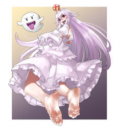 Rule 34 | 1girl, back, barefoot, boo (mario), border, breasts, cleavage, crown, dress, eiji (eiji), elbow gloves, feet, foot focus, foreshortening, from behind, full body, ghost, gloves, grey hair, hair between eyes, highres, large breasts, long hair, looking at viewer, looking back, luigi&#039;s mansion, mario (series), new super mario bros. u deluxe, nintendo, open mouth, princess king boo, purple eyes, skirt, smile, solo, super crown, teeth, tongue, tongue out, white border, white dress, white gloves