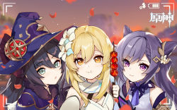 Rule 34 | 3girls, :t, artist request, bare shoulders, black hair, blonde hair, blue eyes, blue headwear, blurry, braid, capelet, choker, cone hair bun, depth of field, detached sleeves, dress, eating, flower, genshin impact, hair bun, hair ears, hair flower, hair ornament, hat, holding, keqing (genshin impact), long hair, looking at viewer, lumine (genshin impact), mona (genshin impact), multiple girls, official art, orange eyes, outdoors, parted lips, petals, purple eyes, purple hair, selfie, sidelocks, smile, third-party source, twintails, upper body, viewfinder, white dress, witch hat