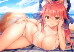 Rule 34 | 10s, 1girl, animal ears, beach, bikini, blue bow, bow, breasts, cleavage, collarbone, day, fate/extra, fate/extra ccc, fate (series), fox ears, fox tail, hair between eyes, hair bow, large breasts, licking lips, long hair, looking at viewer, lying, ntk (7t5), ocean, on side, orange eyes, outdoors, pink hair, sand, smile, solo, swimsuit, tail, tamamo (fate), tamamo no mae (fate/extra), tongue, tongue out, white bikini