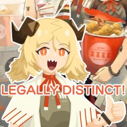 Rule 34 | 1girl, arknights, blonde hair, bracelet, bright pupils, bucket, chicken (food), commentary, english commentary, english text, food, fried chicken, gribberoni, hair between eyes, hat, highres, holding, holding bucket, horns, ifrit (arknights), ifrit (children&#039;s party) (arknights), jewelry, long hair, material growth, mixed-language commentary, open mouth, orange eyes, oripathy lesion (arknights), party hat, screenshot background, sharp teeth, solo, striped clothes, striped headwear, teeth, upper teeth only