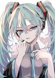 Rule 34 | 1girl, :p, akanbe, bare shoulders, black sleeves, blue eyes, blue hair, blue nails, blue necktie, breasts, collared shirt, detached sleeves, eyelid pull, frilled shirt, frills, grey shirt, hair between eyes, hair ornament, hand up, hatsune miku, headset, highres, index finger raised, long sleeves, looking at viewer, medium breasts, microphone, naguno-0713, nail polish, necktie, shirt, sidelocks, simple background, sleeveless, sleeveless shirt, solo, tongue, tongue out, twintails, upper body, vocaloid, white background, wing collar