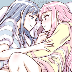 Rule 34 | 2girls, artist name, blue hair, blush, eye contact, hand on another&#039;s arm, long hair, looking at another, lying, magia record: mahou shoujo madoka magica gaiden, mahou shoujo madoka magica, multiple girls, nanami yachiyo, nanami yachiyo (pajamas costume), on bed, on side, pink hair, studiozombie, tamaki iroha, tamaki iroha (pajamas costume), yuri