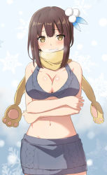 Rule 34 | 1girl, bad id, bad pixiv id, bikini, bikini skirt, breasts, breath, brown hair, cccpo, cleavage, cold, crossed arms, grin, hair ornament, large breasts, midriff, navel, original, scarf, smile, snowing, solo, stomach, yellow eyes