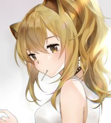 Rule 34 | 1girl, animal ears, arknights, bare shoulders, black choker, blonde hair, breasts, brown eyes, choker, commentary, eggplant (dadamiao), gradient background, grey background, hair between eyes, head tilt, lion ears, long hair, medium breasts, mouth hold, siege (arknights), solo, symbol-only commentary, tank top, upper body, white background, white tank top
