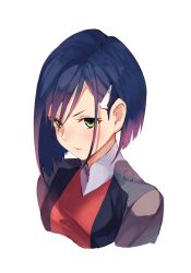 Rule 34 | 10s, 1girl, blue hair, blush, closed mouth, cropped torso, darling in the franxx, fumikiri, green eyes, hair ornament, hairband, hairclip, ichigo (darling in the franxx), jacket, looking at viewer, shirt, short hair, simple background, solo, white background, white shirt