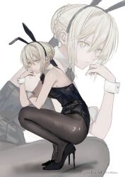 Rule 34 | 1girl, absurdres, alternate costume, animal ears, artoria pendragon (all), artoria pendragon (fate), black bow, black bowtie, black footwear, black leotard, black pantyhose, blonde hair, bow, bowtie, braid, breasts, commentary request, dated, detached collar, fake animal ears, fate/grand order, fate (series), french braid, hair between eyes, highres, leotard, looking at viewer, pantyhose, playboy bunny, rabbit ears, saber alter, shiro (siro kuten), short hair, small breasts, solo, squatting, strapless, strapless leotard, twitter username, yellow eyes