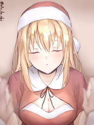 Rule 34 | 1boy, 1girl, absurdres, alternate costume, atodashi, bismarck (kancolle), blonde hair, blush, breasts, christmas, cleavage, closed eyes, dress, facing viewer, hair between eyes, hat, hetero, highres, holding hands, kantai collection, large breasts, long hair, meme, parted lips, pov, pov cheek warming (meme), red dress, santa costume, santa hat, simple background, solo focus, twitter username, upper body