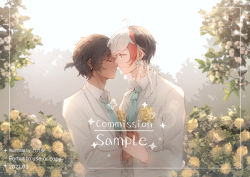 Rule 34 | 2boys, ahoge, arknights, artist name, black hair, blue neckwear, braid, closed mouth, collared shirt, commentary request, commission, corsage, dark-skinned male, dark skin, dated, dress shirt, earrings, elysium (arknights), closed eyes, feather hair, flower, forehead-to-forehead, formal, from side, heads together, highres, holding hands, husband and husband, jacket, jewelry, long sleeves, looking at another, male focus, multicolored hair, multiple boys, necktie, outdoors, profile, red hair, sample watermark, shirt, short hair, short ponytail, side braid, smile, sparkle, streaked hair, suit, thorns (arknights), upper body, watermark, white hair, white jacket, white shirt, yaoi, yellow flower, yuzuriha (ryami)