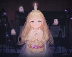 Rule 34 | 1girl, basket, blonde hair, blue eyes, blush, bow, candle, candy, child, closed mouth, cropped, dress, eyelashes, film grain, fire, food, ghost, gomzi, halloween, holding, holding basket, indoors, lollipop, long eyelashes, long hair, looking at viewer, melting, multicolored hair, open mouth, original, purple hair, ribbon, signature, smile, stairs, streaked hair, triangle mouth, white bow, white dress, white ribbon