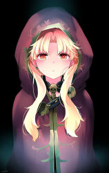 Rule 34 | 1girl, azumi (myameco), black background, blonde hair, cape, closed mouth, commentary request, ereshkigal (fate), fate/grand order, fate (series), hood, hooded cape, long hair, looking at viewer, red cape, red eyes, simple background, solo