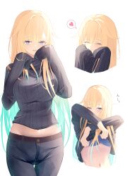 Rule 34 | 1girl, ^ ^, absurdres, aizawa ema, black pants, black sweater, blonde hair, blue bra, blunt bangs, blush, bra, closed eyes, clothes lift, commentary request, denim, hands up, haru (haru83380282), heart, highres, jeans, long hair, looking at viewer, midriff, multiple views, navel, one eye closed, open mouth, pants, parted bangs, purple eyes, ribbed sweater, simple background, sleeves past fingers, sleeves past wrists, smile, spoken heart, stomach, sweater, sweater lift, thigh gap, underwear, virtual youtuber, vspo!, white background