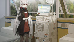 Rule 34 | 1girl, arknights, black jacket, black pantyhose, braid, crown braid, dress, feet out of frame, hair between eyes, highres, holster, id card, indoors, jacket, long hair, long sleeves, mcg6, open clothes, open jacket, pale skin, pantyhose, pointy ears, red dress, red eyes, short dress, silver hair, smile, solo, standing, thigh holster, thigh strap, very long hair, warfarin (arknights), window