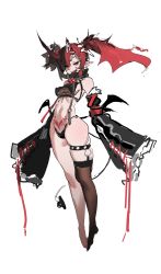 Rule 34 | 1girl, :d, ball gag, bare shoulders, barefoot, black thighhighs, breasts, broken horn, detached sleeves, earrings, fangs, full body, gag, gag around neck, unworn gag, heart, heart-shaped pupils, highres, hikimayu, horns, injury, jewelry, jiu ye sang, long hair, looking at viewer, medium breasts, navel, open mouth, original, pointy ears, pubic tattoo, red eyes, red hair, revealing clothes, see-through, simple background, single thighhigh, sketch, smile, solo, symbol-shaped pupils, tattoo, teeth, thigh strap, thighhighs, twintails, white background, wiffle gag