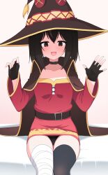 Rule 34 | 1girl, absurdres, bamiko (nanju bami), bandaged leg, bandages, belt, black hair, black panties, blush, breasts, cape, choker, collarbone, cosplay, dress, fingerless gloves, gloves, gradient background, hat, highres, looking at viewer, megumin, megumin (cosplay), nanju bami, open mouth, original, panties, pantyshot, single thighhigh, sitting, small breasts, smile, solo, thighhighs, trembling, twintails, underwear, witch hat