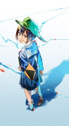 Rule 34 | 1girl, asakusa midori, black hair, blazer, blue background, blue jacket, blue skirt, brown eyes, brown footwear, bucket hat, carrying, carrying under arm, closed mouth, commentary, eizouken ni wa te wo dasu na!, from above, from behind, full body, garapii, gradient background, green hat, hat, highres, holding, holding sketchbook, jacket, light trail, loafers, long sleeves, looking at viewer, looking back, looking up, pleated skirt, sailor collar, school uniform, shadow, shoes, short hair, sketch, sketchbook, skirt, smile, socks, solo, standing, white background, white sailor collar, white socks