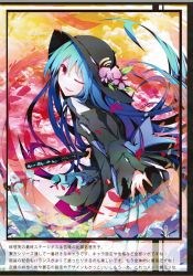 Rule 34 | &gt;;), 1girl, alternate costume, black dress, black hat, blue bow, blue hair, blue skirt, bow, cowboy shot, dress, flower, food, fruit, hagoita, hat, highres, hinanawi tenshi, ichiyan, leaf, long hair, long sleeves, looking at viewer, nail polish, one eye closed, paddle, peach, red eyes, scan, skirt, smile, solo, touhou, translation request, tsurime, v-shaped eyebrows, very long hair, yellow nails