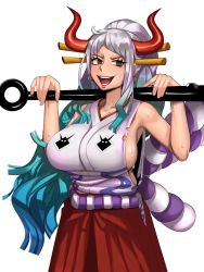 Rule 34 | 1girl, aqua hair, bare arms, bare shoulders, breasts, chain, club, club (weapon), commission, cuffs, curled horns, earrings, full body, geta, hair ornament, hair stick, hakama, hakama skirt, high ponytail, highres, holding, holding weapon, horns, japanese clothes, jewelry, kanabou, kevbot, kimono, large breasts, long hair, looking at viewer, multicolored hair, multicolored horns, one piece, oni, open mouth, orange horns, parted bangs, planted, red horns, rope, serious, shackles, shimenawa, sideboob, sidelocks, simple background, skirt, sleeveless, sleeveless kimono, solo, two-tone hair, weapon, white background, white hair, yamato (one piece), yellow background, yellow eyes, yellow horns
