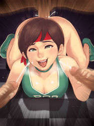 Rule 34 | 1girl, alternate costume, bottomless, breasts, brown hair, capcom, censored, cleavage, handjob, headband, looking at viewer, maou alba, penis, rebecca chambers, resident evil, resident evil 0, sex, solo focus, sweat