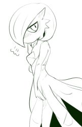 Rule 34 | 1girl, puff of air, blush, bob cut, cheokcheokaksa, cowboy shot, creatures (company), ear blush, embarrassed, female focus, flat chest, from side, game freak, gardevoir, gen 3 pokemon, half-closed eyes, hand up, looking at viewer, nintendo, nose blush, pokemon, pokemon (creature), short hair, simple background, sketch, solo, standing, white background
