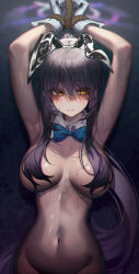 Rule 34 | 1girl, animal ears, armpits, arms up, black hair, blue archive, blue bow, blue bowtie, bow, bowtie, breasts, closed mouth, commentary request, darang, dark-skinned female, dark skin, detached collar, fake animal ears, gloves, groin, hair over breasts, halo, highres, karin (blue archive), karin (bunny) (blue archive), large breasts, long hair, looking to the side, navel, nude, official alternate costume, out-of-frame censoring, ponytail, purple halo, rabbit ears, restrained, rope, solo, sweat, white gloves, yellow eyes