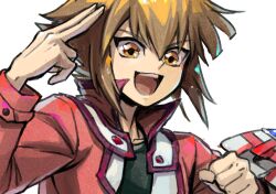 Rule 34 | 1boy, arm up, black shirt, brown eyes, brown hair, clenched hand, commentary request, duel disk, hands up, happy, high collar, highres, jacket, looking at viewer, male focus, open clothes, open jacket, open mouth, red jacket, salute, shirt, short hair, sidelocks, simple background, smile, solo, two-finger salute, upper body, white background, youko-shima, yu-gi-oh!, yu-gi-oh! gx, yuki judai